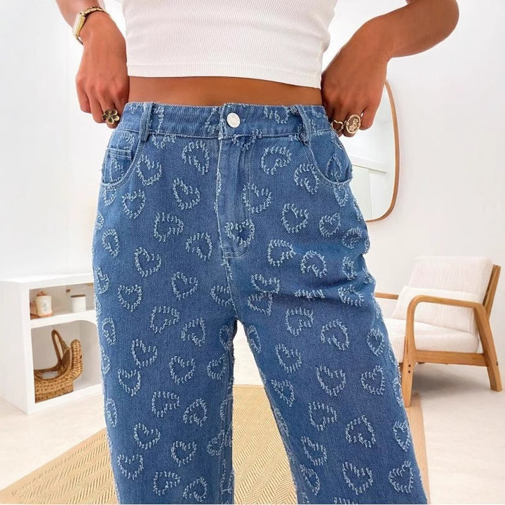Damer Høytaljede Jeans med unikt hjerte mønster og komfortabel passform