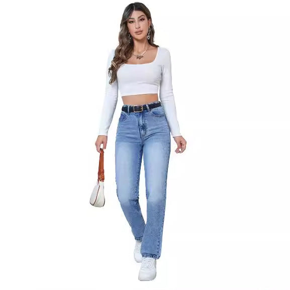 Damer høyde midje jeans i moderne straight-leg snitt Skjora