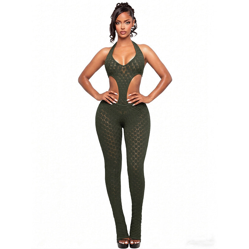 Dame Cut-Out Bodycon Overall med dyp V-halsutskjæring og transparent heklestruktur Skjora