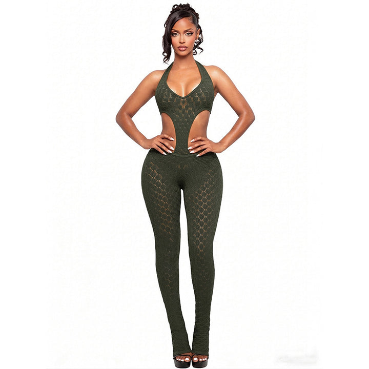 Dame Cut-Out Bodycon Overall med dyp V-halsutskjæring og transparent heklestruktur Skjora