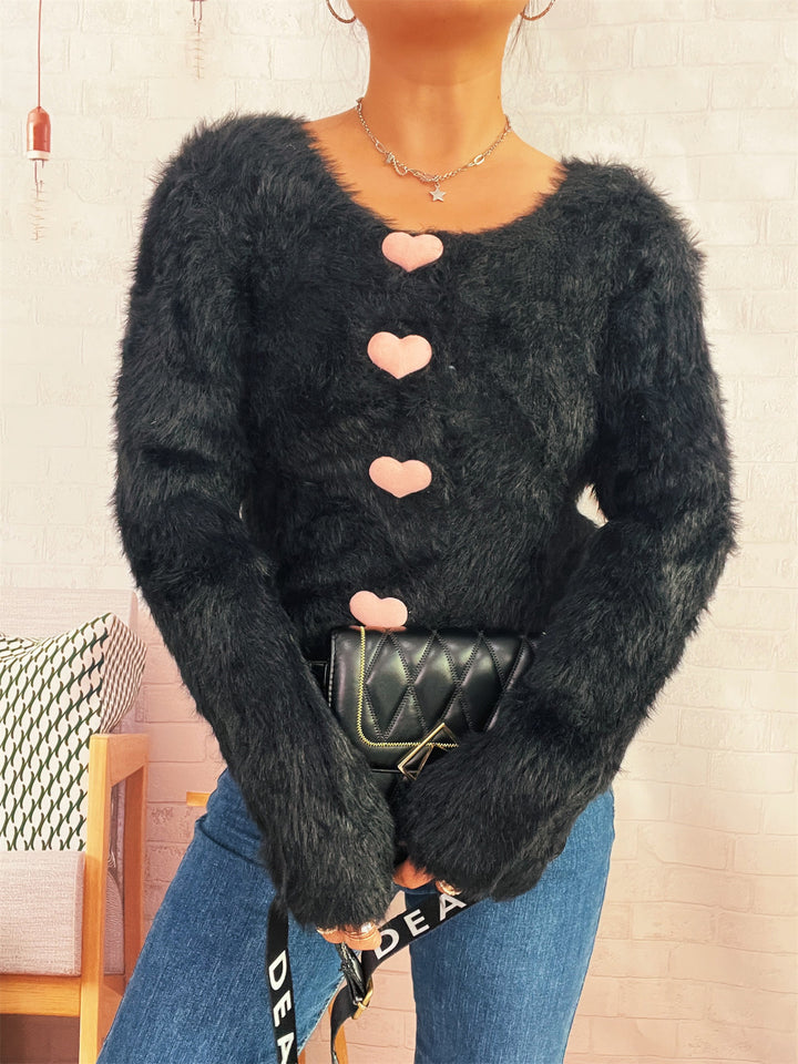 Damer fluffy cardigan med hjerteknapper Skjora