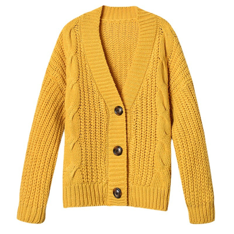 Dame moteriktig chunky strikket cardigan med V-hals og knappdetaljer Skjora