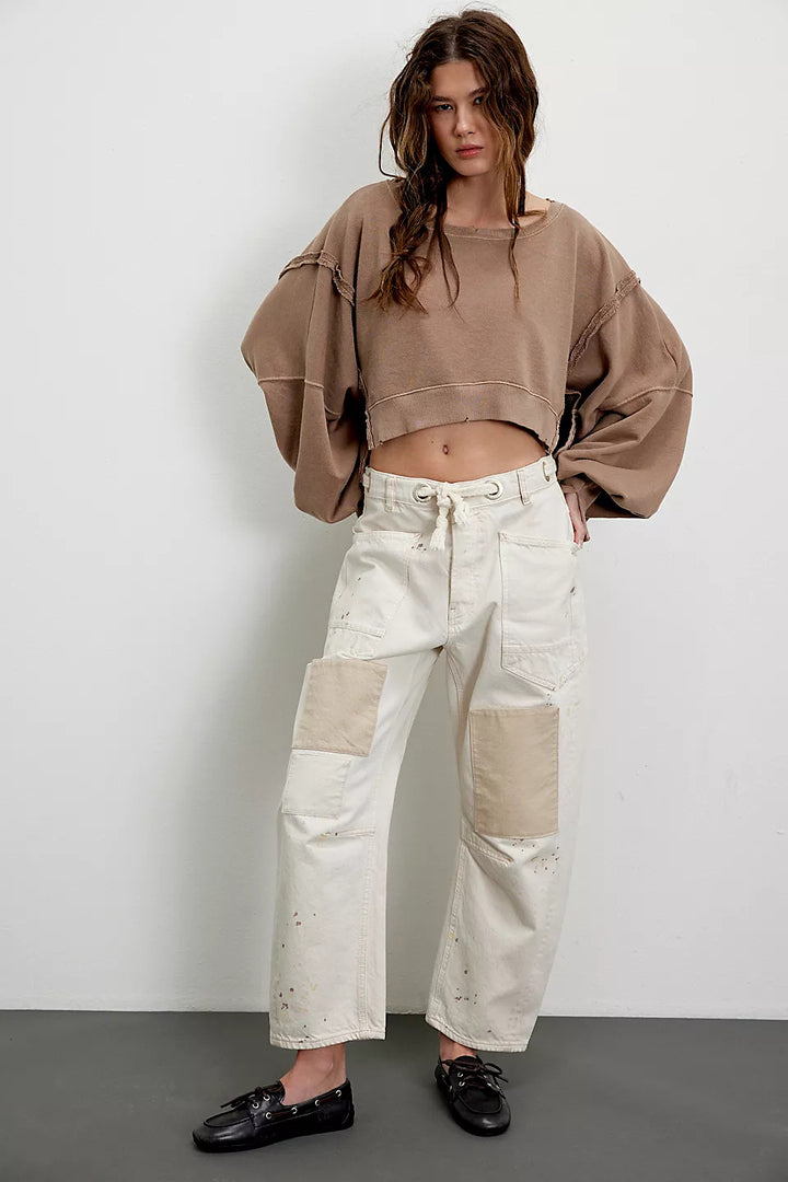 Damer casual avkortet sweatshirt med brede ermer og forseggjorte hemfinsher Skjora