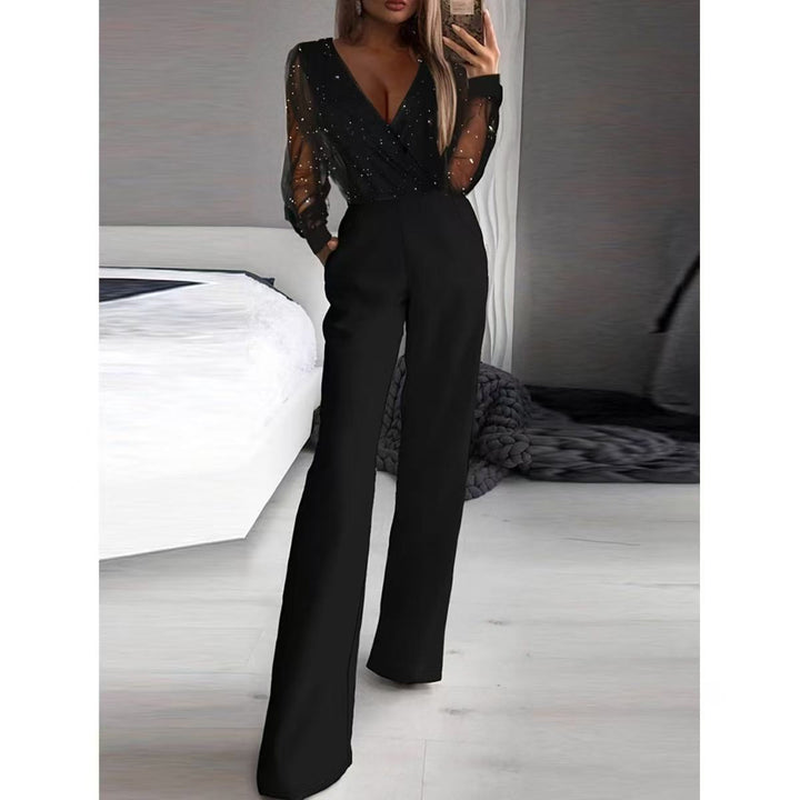 Damer Elegant Jumpsuit med gjennomsiktige ermer og gnistrende detaljer Skjora