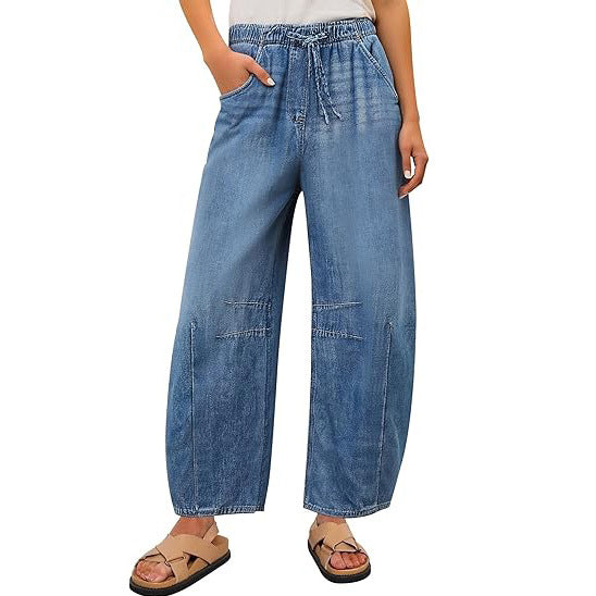 Damer vide denim-bukser med elastisk midje og praktisk snitt Skjora