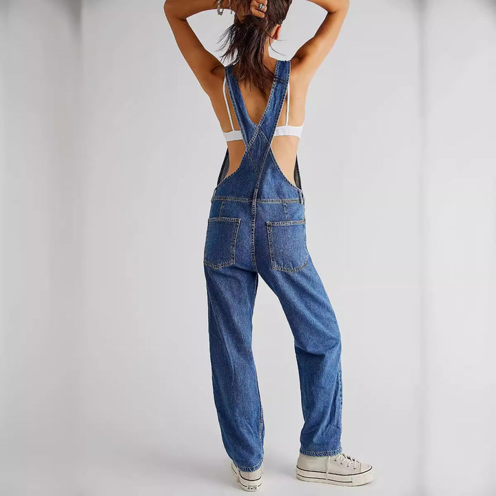 Damer avslappet denim jumpsuit med praktiske lommer og justerbar midje Skjora