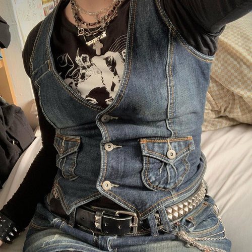 Dame Denim Bustierjakke med nostalgisk spidseinsetting og dekorative knappedetaljer Skjora