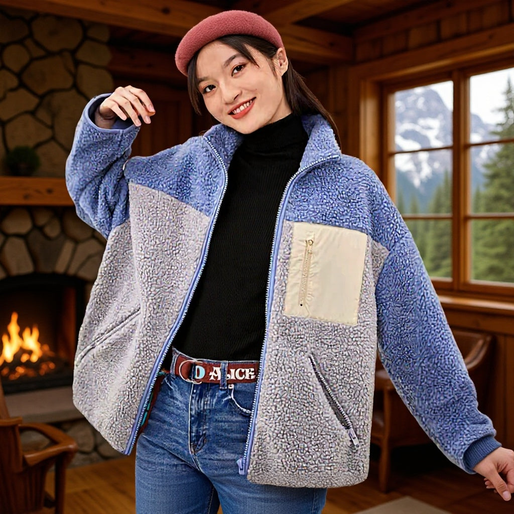 Kvinnes Fluffy Fleece Jakke med Høy Krage og Glidelås Skjora