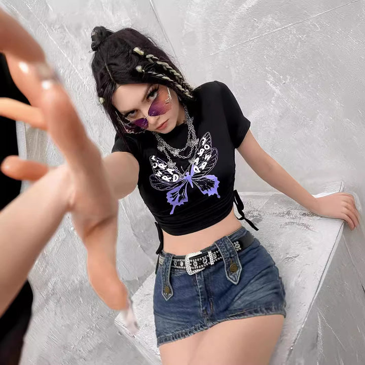 Dame Crop-Top med kreativt skjeletthåndmotiv Skjora