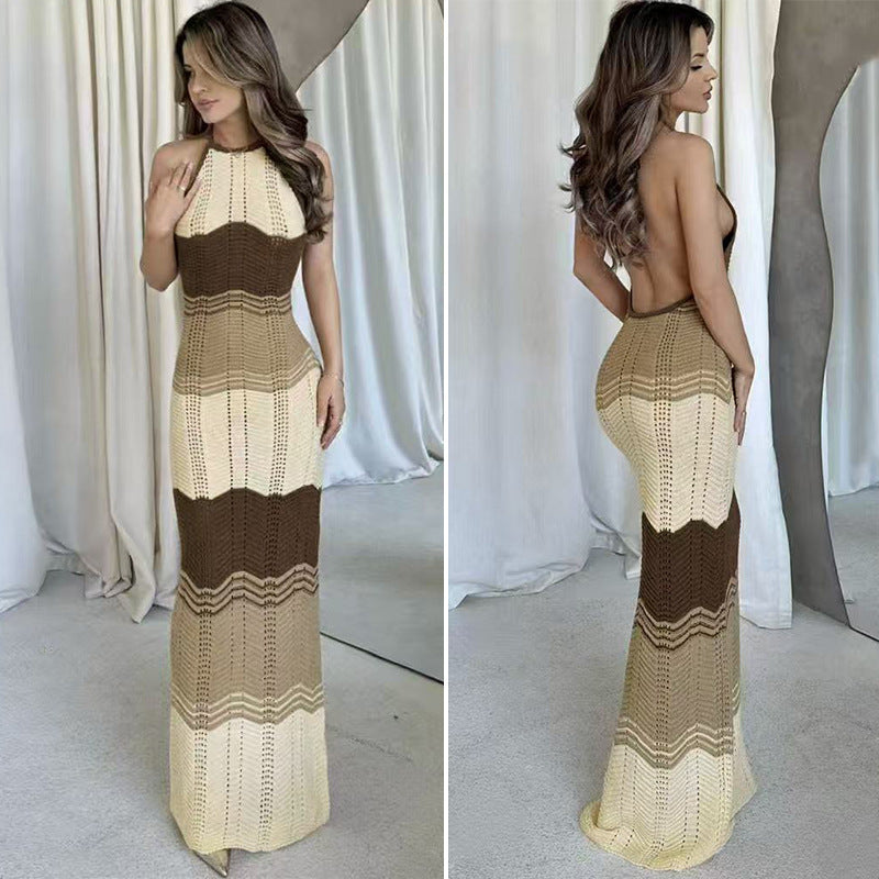 Damen Häkel-Maxikleid mit exklusivem Muster und elegantem Kragen Skjora