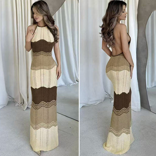Damen Häkel-Maxikleid mit exklusivem Muster und elegantem Kragen Skjora