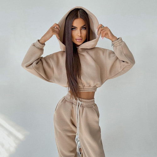 Dame sporty Cropped Sweat-set med elastisk linning og praktiske lommer Skjora