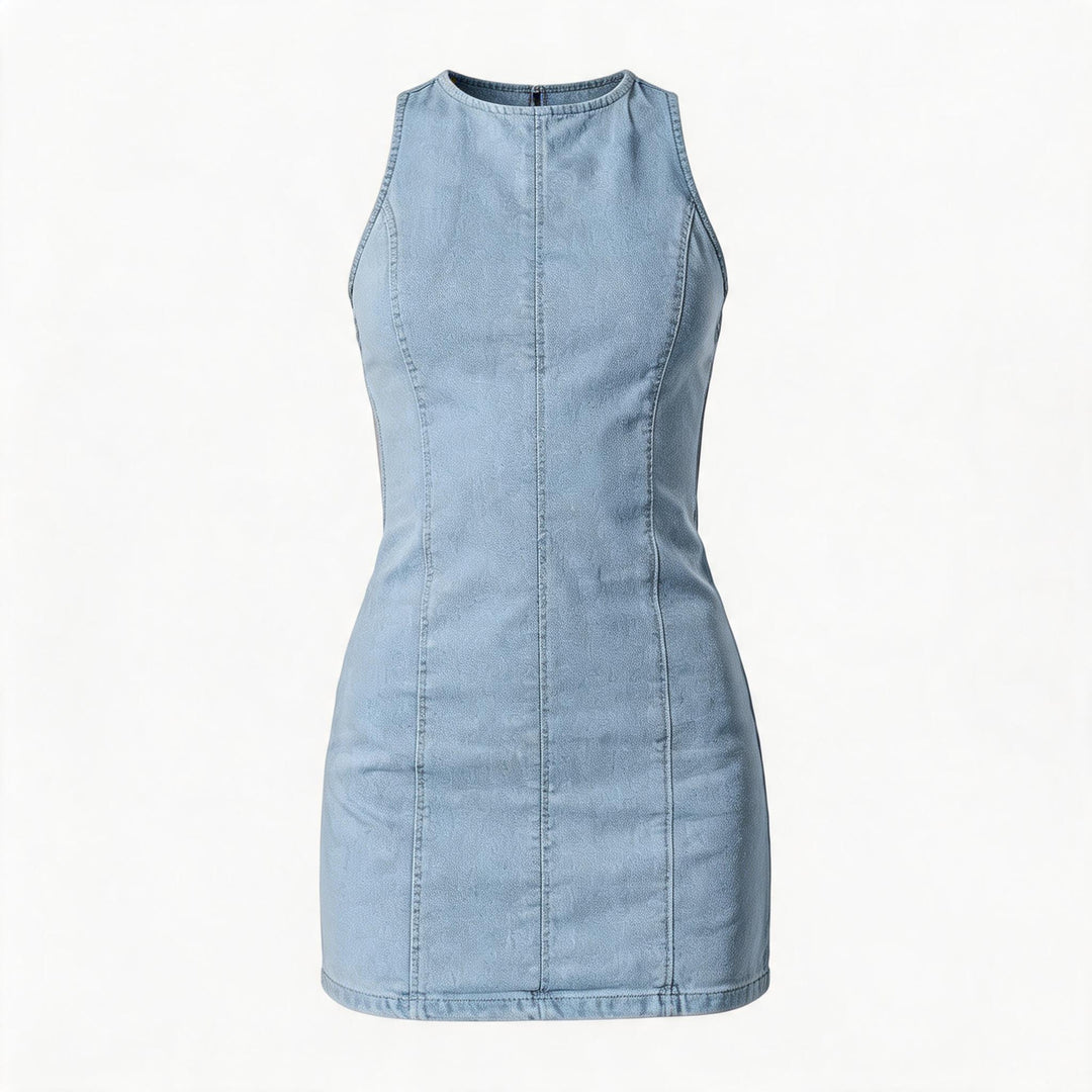 Dame figurvennlig denimkjole med sidesplitter og høy krage Skjora