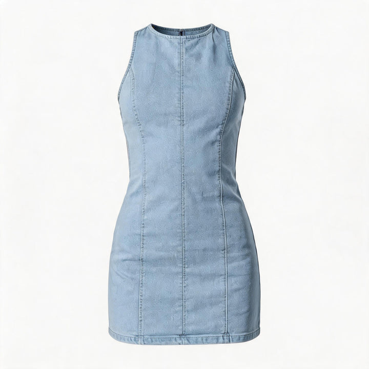 Dame figurvennlig denimkjole med sidesplitter og høy krage Skjora