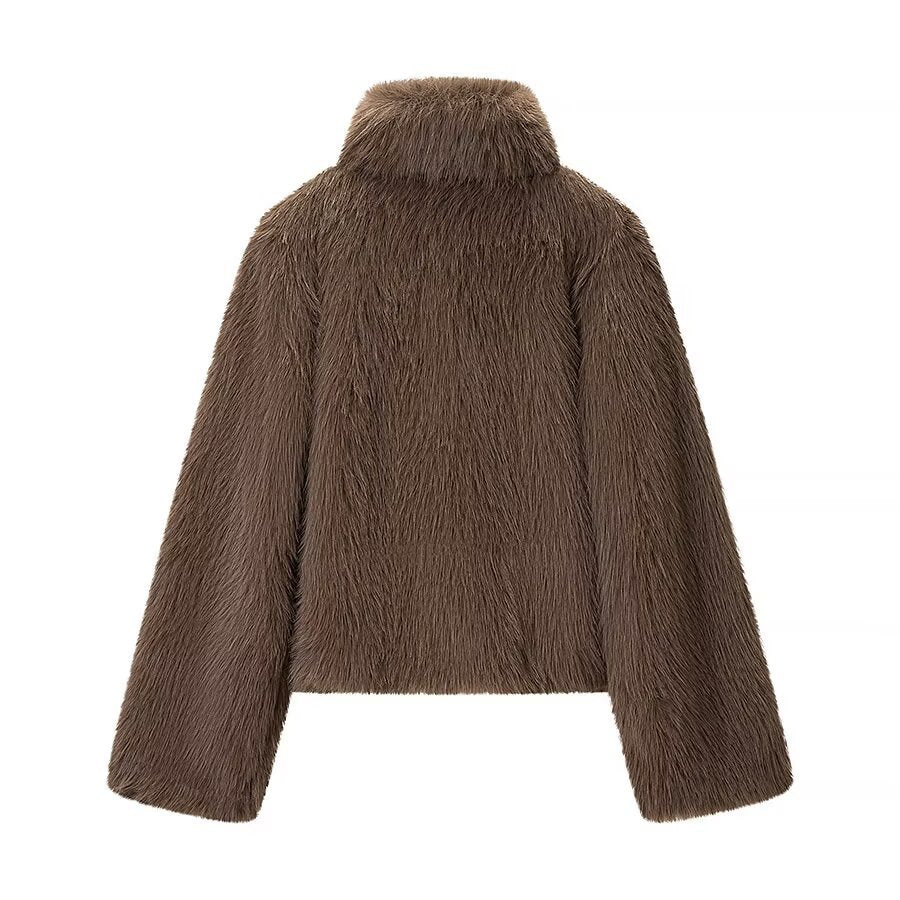 Kvinnens Cozy Plush Jakke med Høy Krage og Løs Passform Skjora