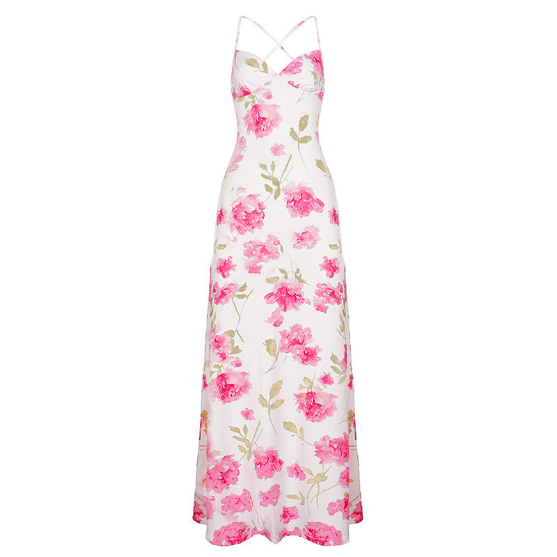 Elegant women's maxi dress with delicate floral design and spaghetti straps Skjora