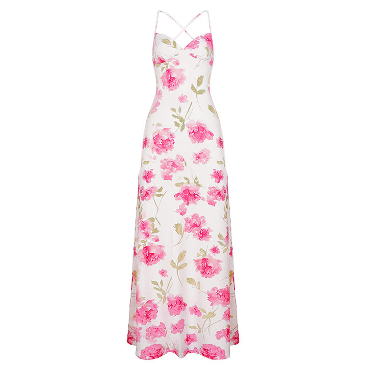 Elegant women's maxi dress with delicate floral design and spaghetti straps Skjora