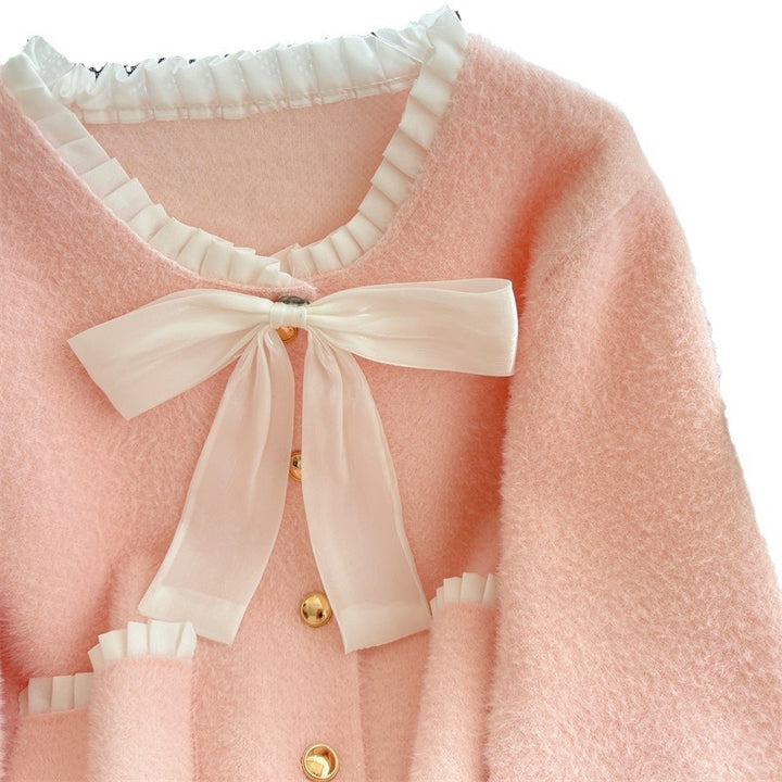Dame Fluffy Cardigan med Elegant Sløyfe Krage og Dekorative Knapper Skjora