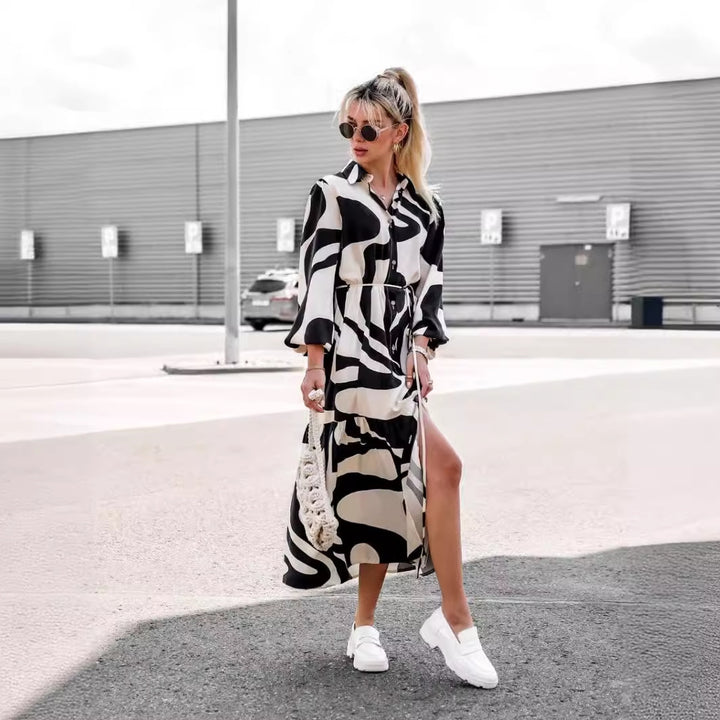 Dame Langermet Skjortekjole med Motetrend og Livbelte Skjora