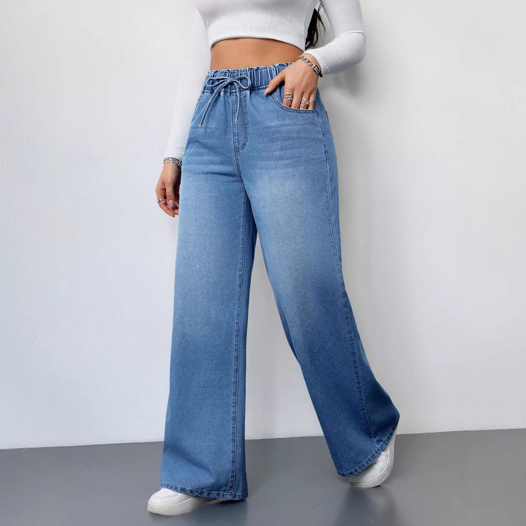 Kvinners vide denimbukser med elastisk midje og praktiske lommer