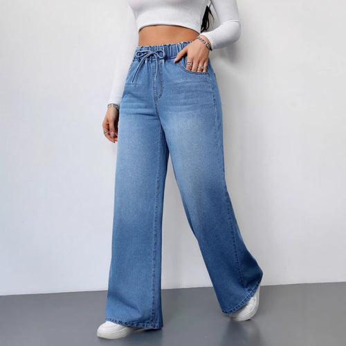 Kvinners vide denimbukser med elastisk midje og praktiske lommer