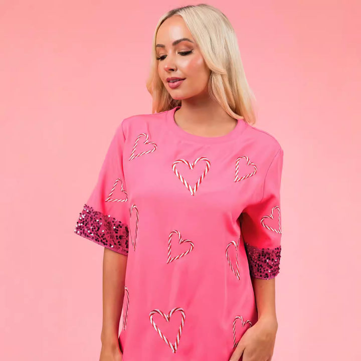 Dame Oversized T-skjorte med glitrende ermer og hjerte-mønster Skjora