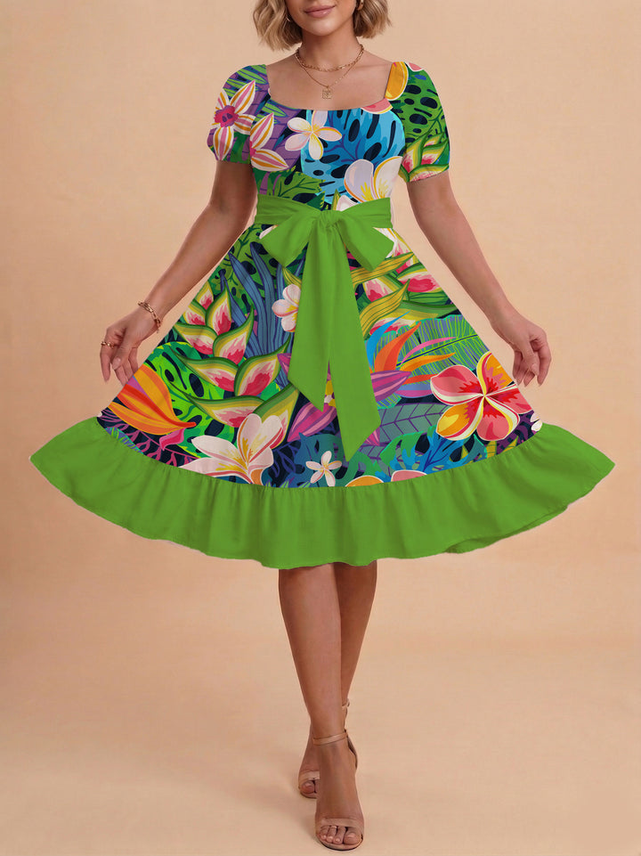 Damen modernes Blumenkleid mit elegantem Taillengürtel und asymmetrischem Saum Skjora