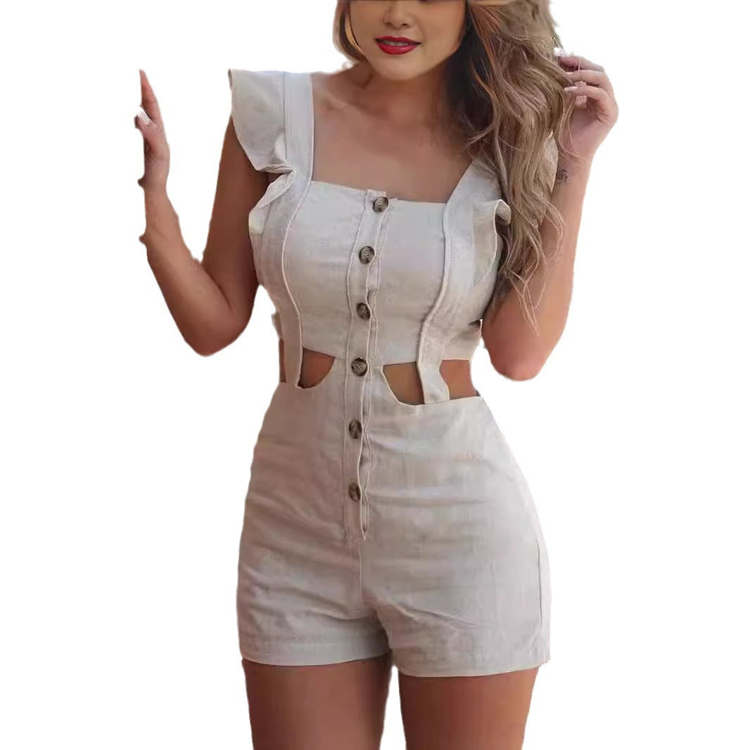 Dame jumpsuit med voluminøse volanger detaljer og smakfulle cut-outs Skjora
