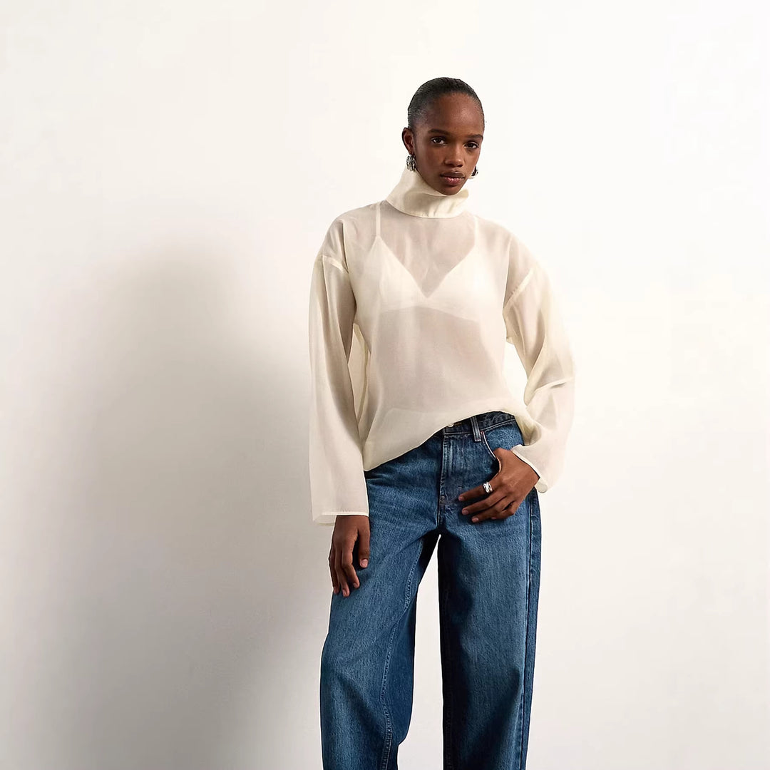 Dame Elegant bluse laget av gjennomsiktig stoff med stående krage Skjora
