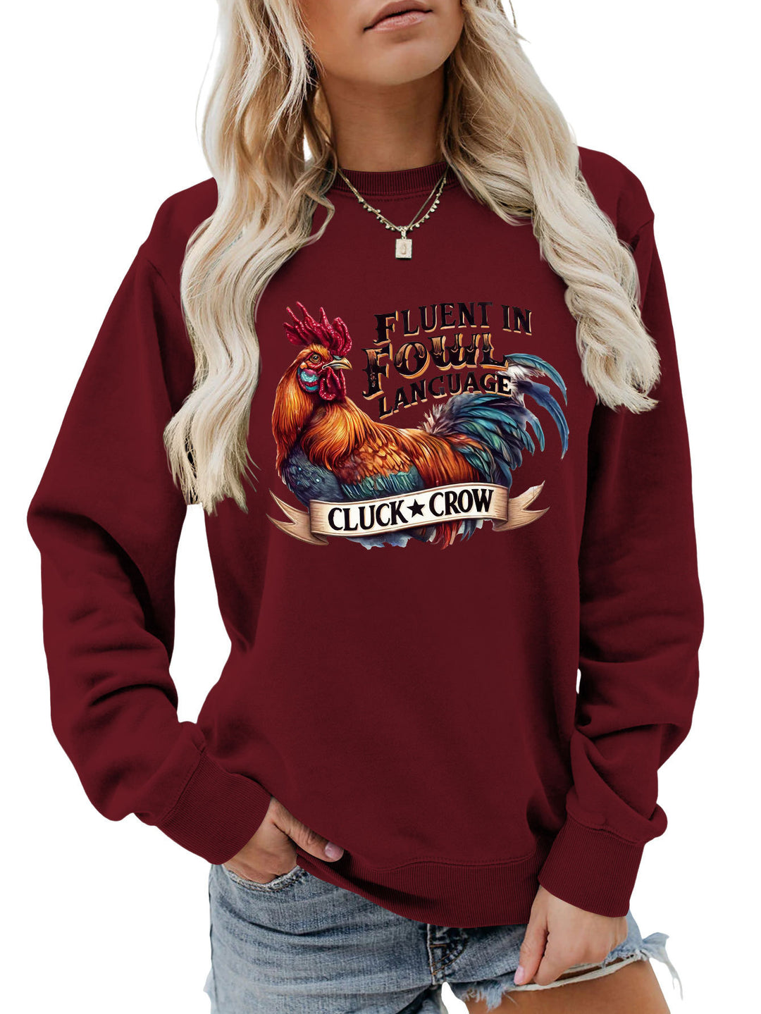 Dame sweatshirt med humoristisk kyllingmotiv og behagelig passform Skjora