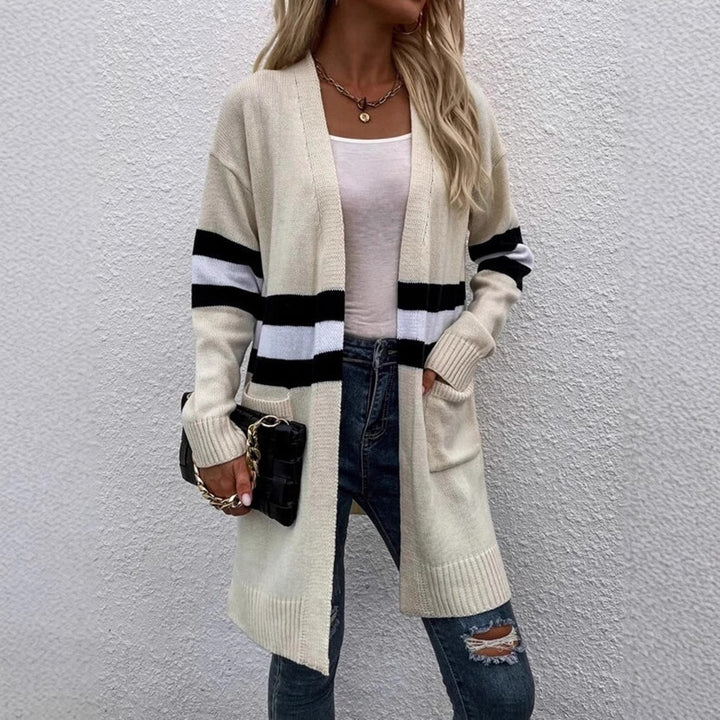 Kvinnes chunky strikket cardigan med avslappede striper og dype lommer Skjora