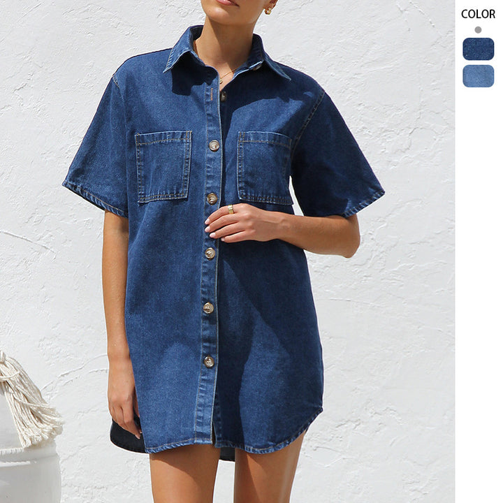Kvinnes denim skjorte kjole med korte ermer og praktiske lommer