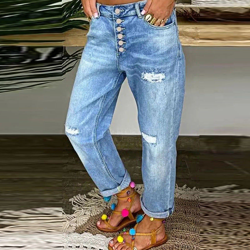 Kvinne Mom Jeans med knappelukking og stilige slitte detaljer