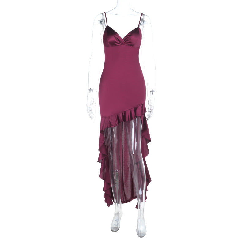 Dame elegant Maxi-Jersey-kjole med asymmetrisk volangkant og smale stropper Skjora