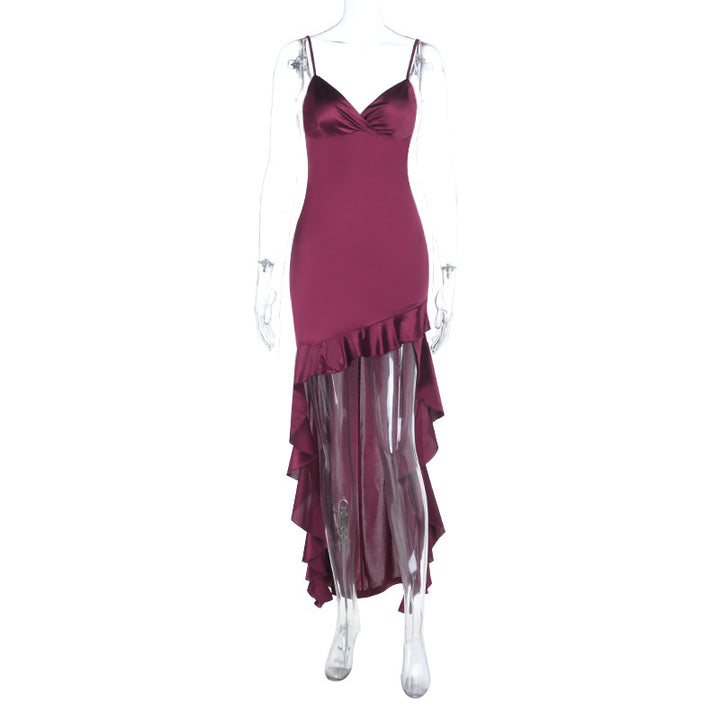 Dame elegant Maxi-Jersey-kjole med asymmetrisk volangkant og smale stropper Skjora