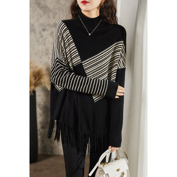 Dame oversized genser med grafisk stripe mønster og frynser Skjora