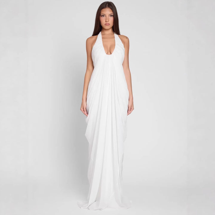 Dame Elegant Maxikjole med dyp V-hals og flytende drapering Skjora