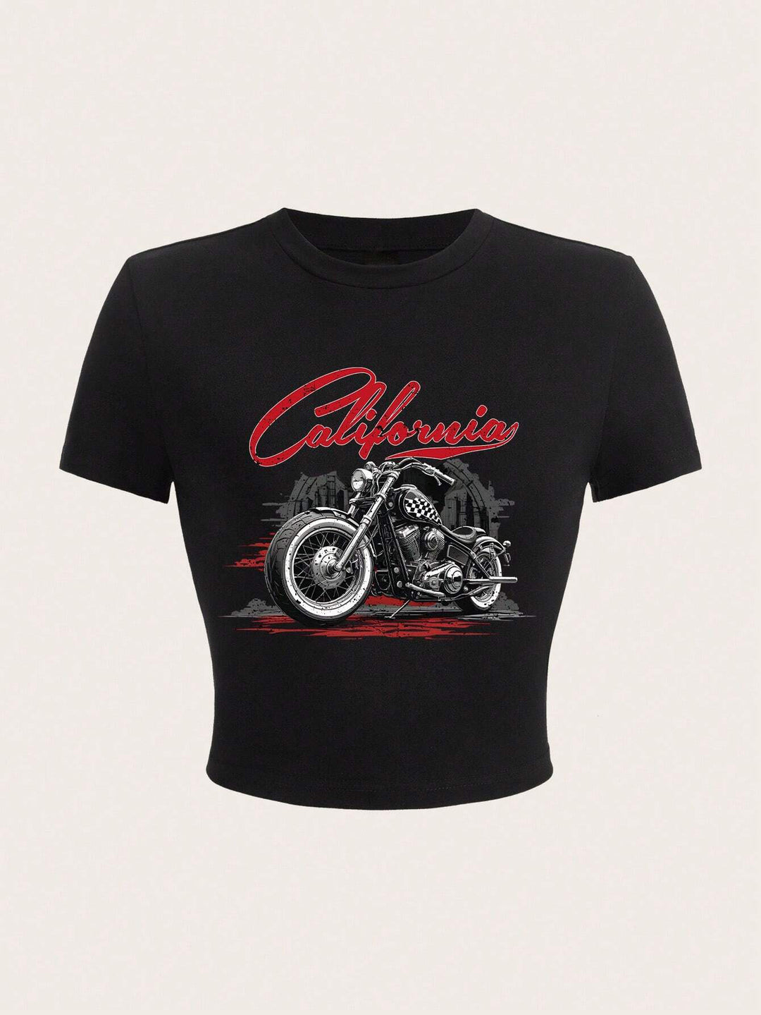 Women's Crop T-shirt with Creative Motorcycle Design and Urban California Print Skjora