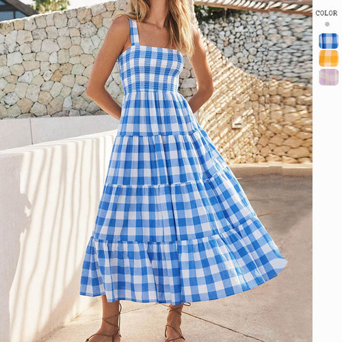 Damer Sommer Maxi Kjole med Rute Design og Stropper Skjora