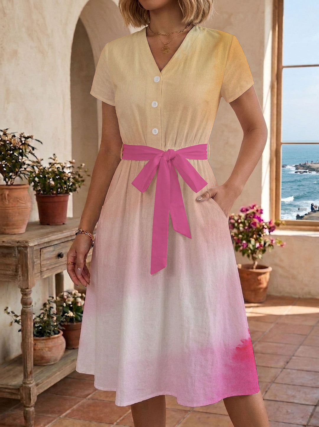 Damen Sommerliches Kleid mit taillierbarem Bindegürtel und floralem Muster Skjora