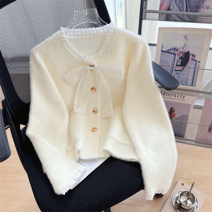 Dame Fluffy Cardigan med Elegant Sløyfe Krage og Dekorative Knapper Skjora