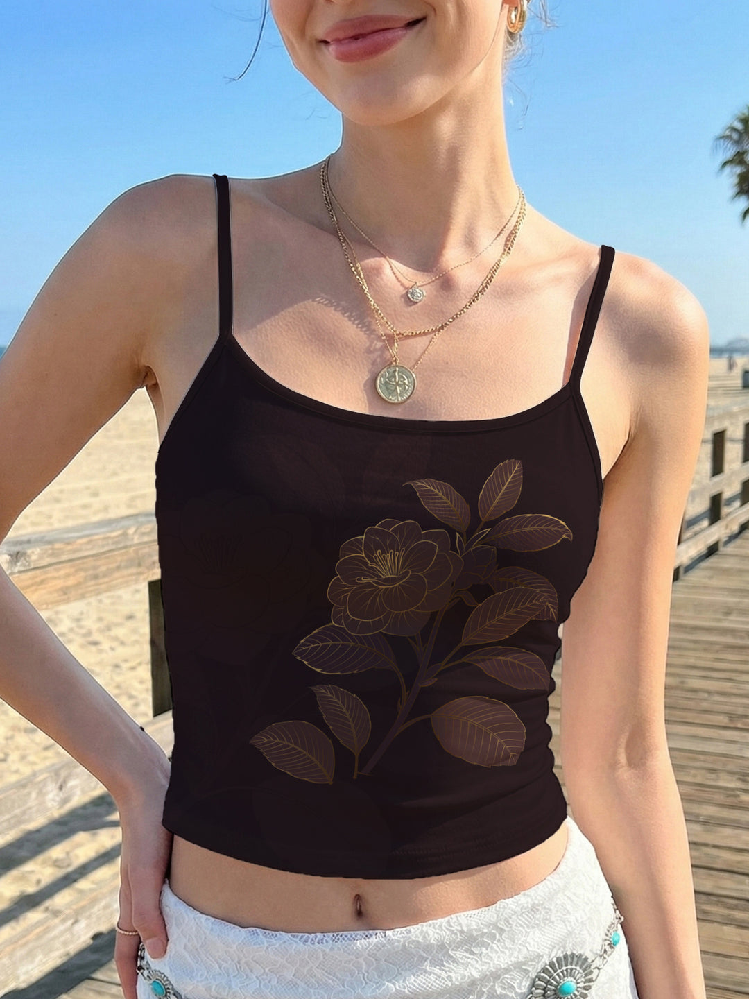 Damer Crop Top med blomstermotiv Skjora
