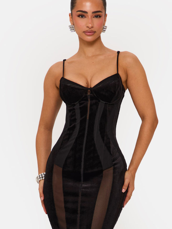 Dame Bodycon Kjole med sofistikert korsett topp og transparente innsatser Skjora