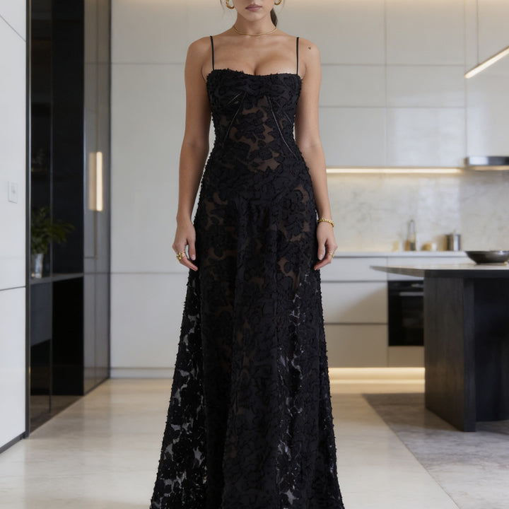 Women's elegant evening gown with floral print bodice and delicate spaghetti straps Skjora