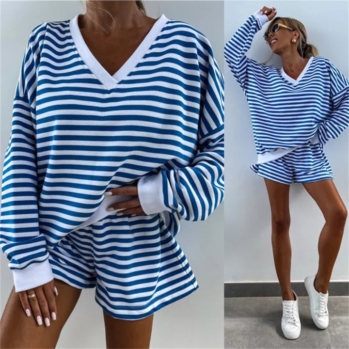 Kvinnes uformelle kortermet sett med maritimt striped mønster og elastisk midjeband