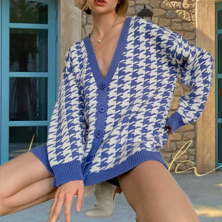 Dame Fashion Cardigan i Houndstooth mønster Skjora