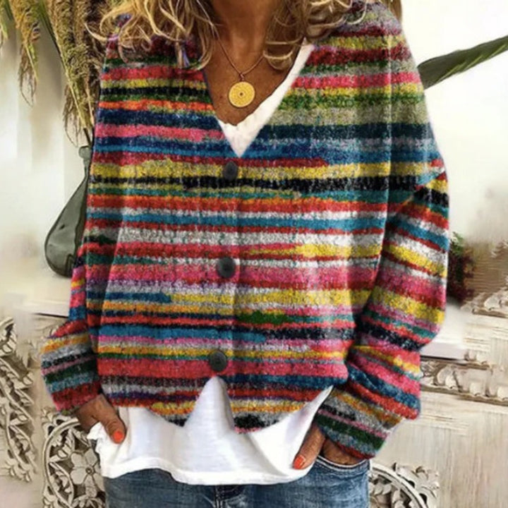 Kvinne uformell strikket cardigan med fargerike striper og knappedetaljer Skjora