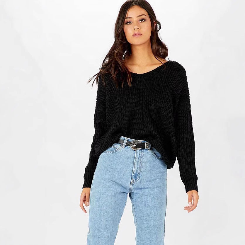 Damer casual chunky strikkegenser med løs passform og V-hals Skjora