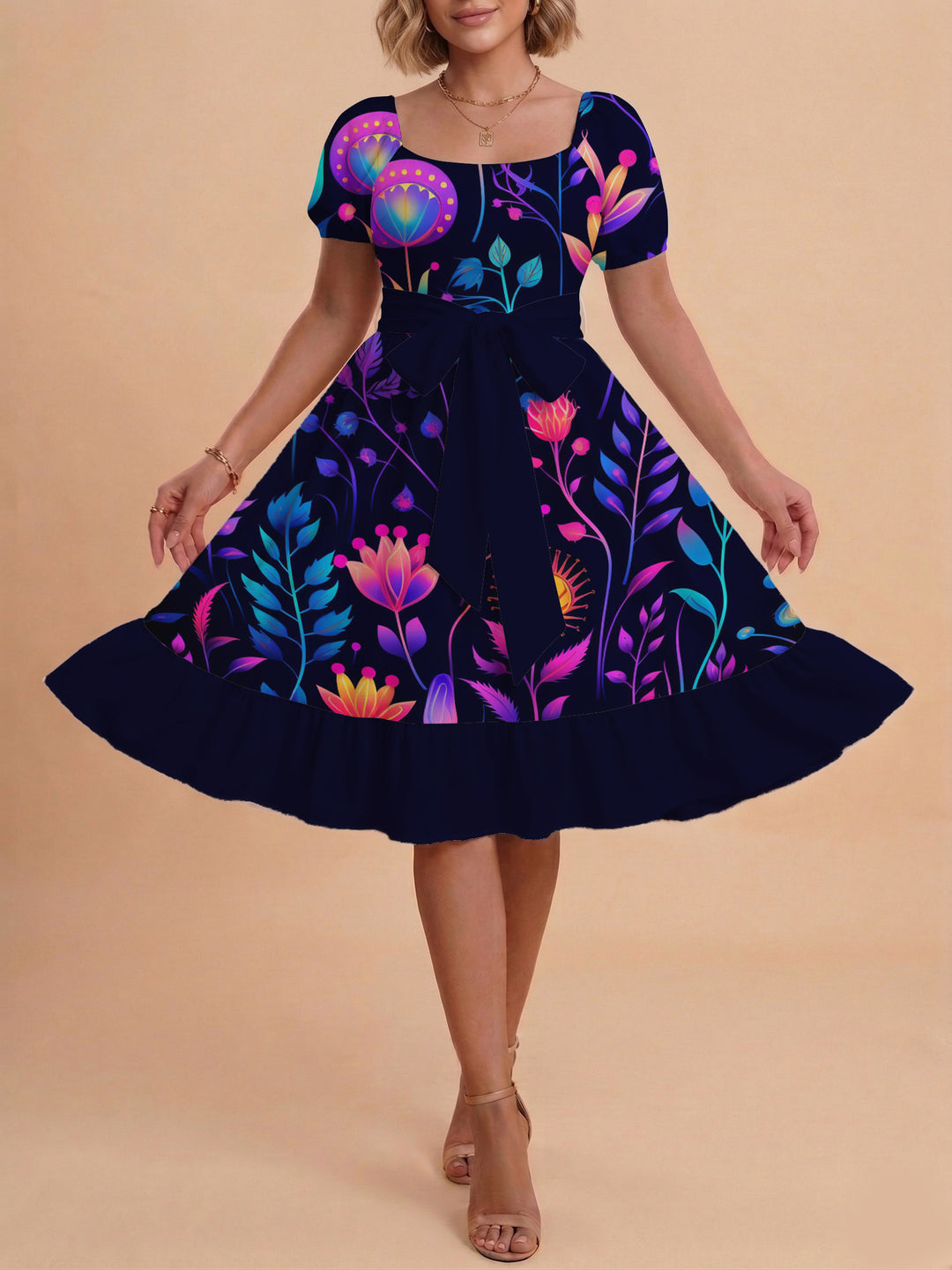 Damen modernes Blumenkleid mit elegantem Taillengürtel und asymmetrischem Saum Skjora