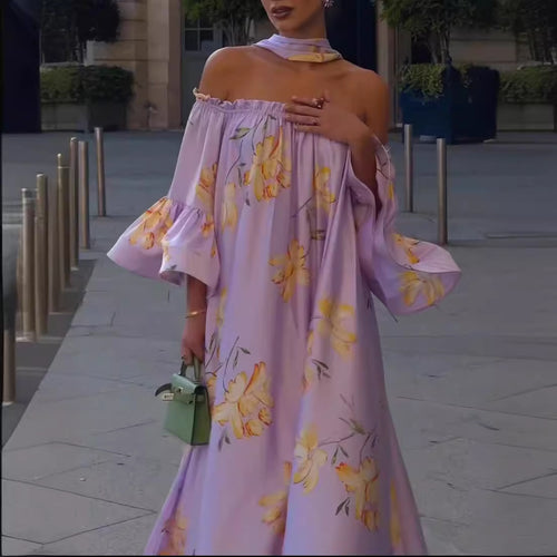 Kvinne Elegant Maxi Kjole med Avskåret Design og Volangerm.